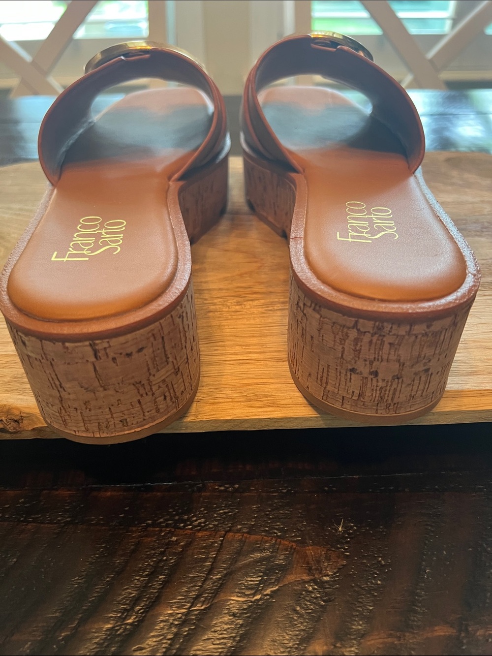 NWOT Franco Sarto Golden Tan/Cognac Leather Cork-Platform Slide with Gold Ring - Picture 6 of 7